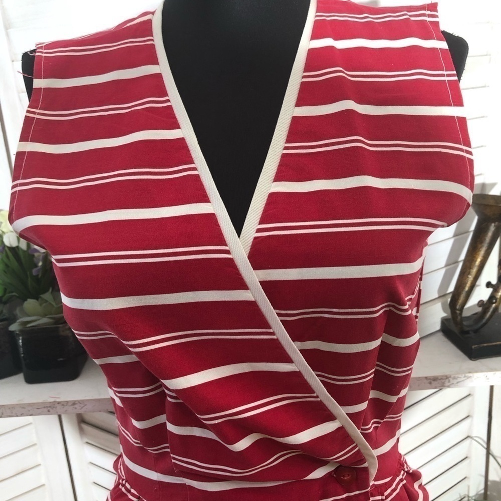 Vintage 80s Lucy Red and White Striped Cotton Nautical Midi Dress S - Picture 7 of 13